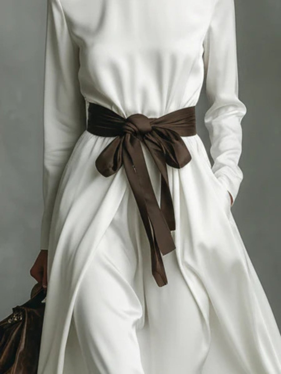 Turtleneck Tie Waist Midi Dress - 