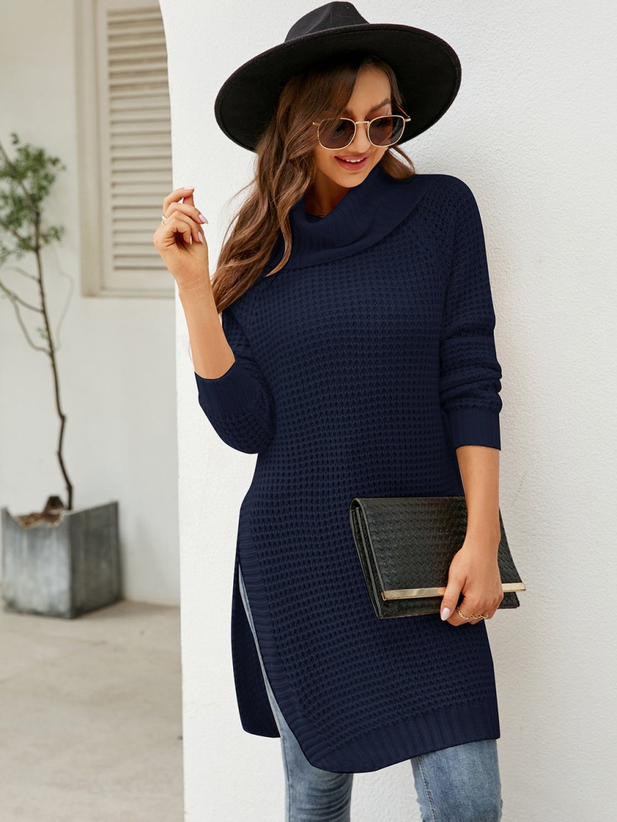 Turtleneck Waffle - Knit Slit Sweater Dress - Sweater Dress