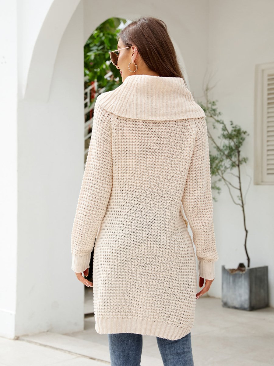 Turtleneck Waffle - Knit Slit Sweater Dress - Sweater Dress