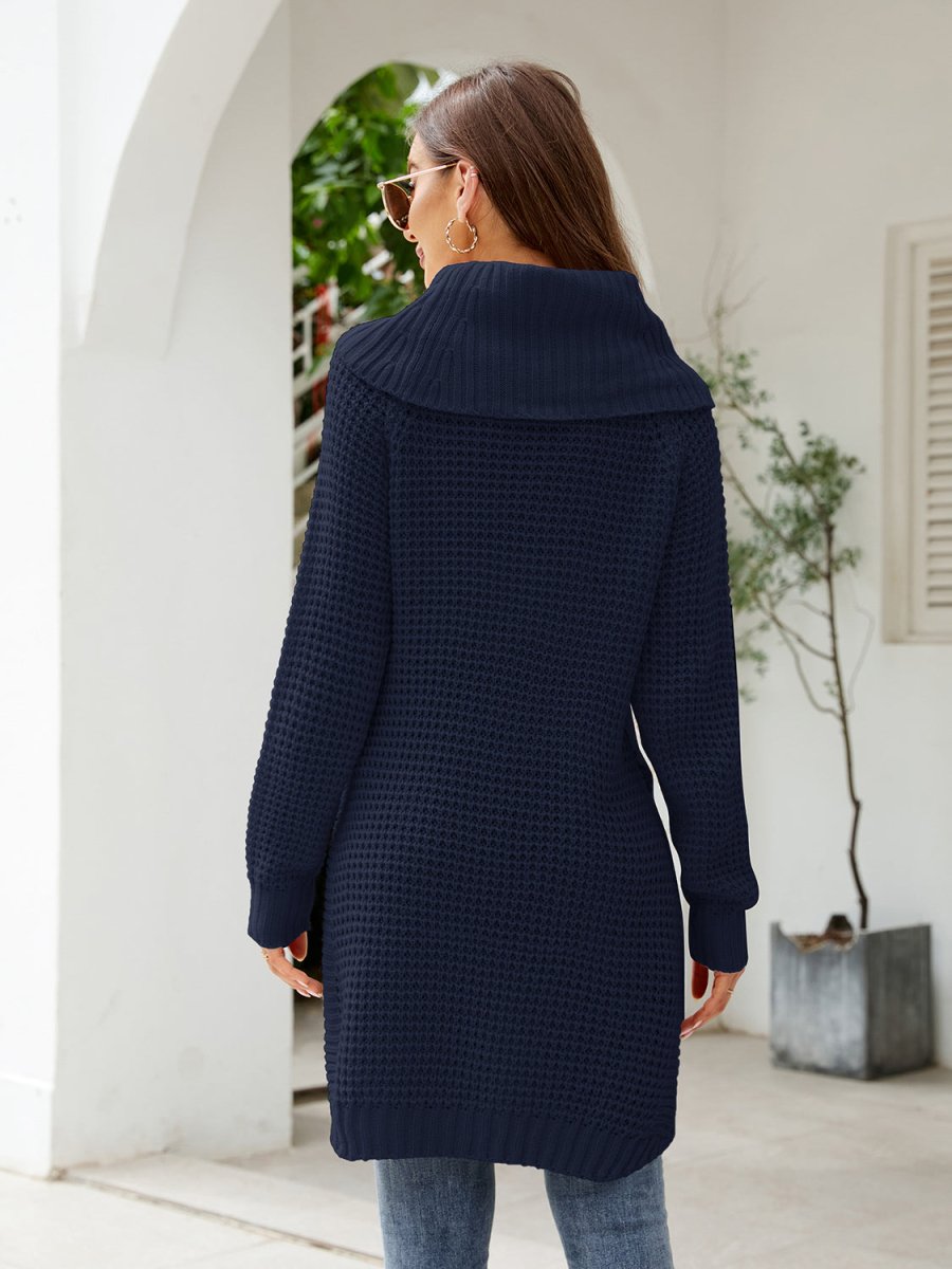 Turtleneck Waffle - Knit Slit Sweater Dress - Sweater Dress