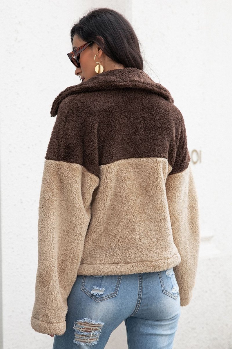 Two - Tone Collared Neck Fuzzy Jacket - Outerwear