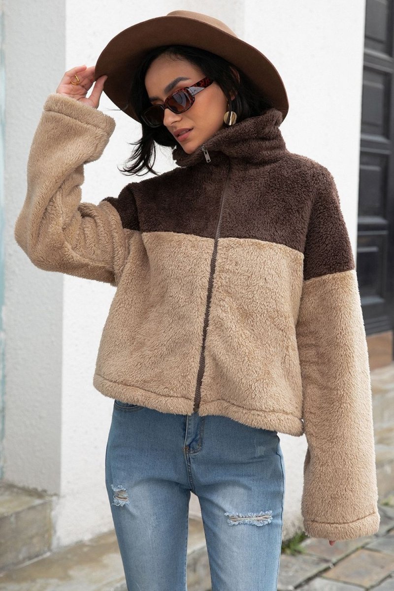 Two - Tone Collared Neck Fuzzy Jacket - Outerwear