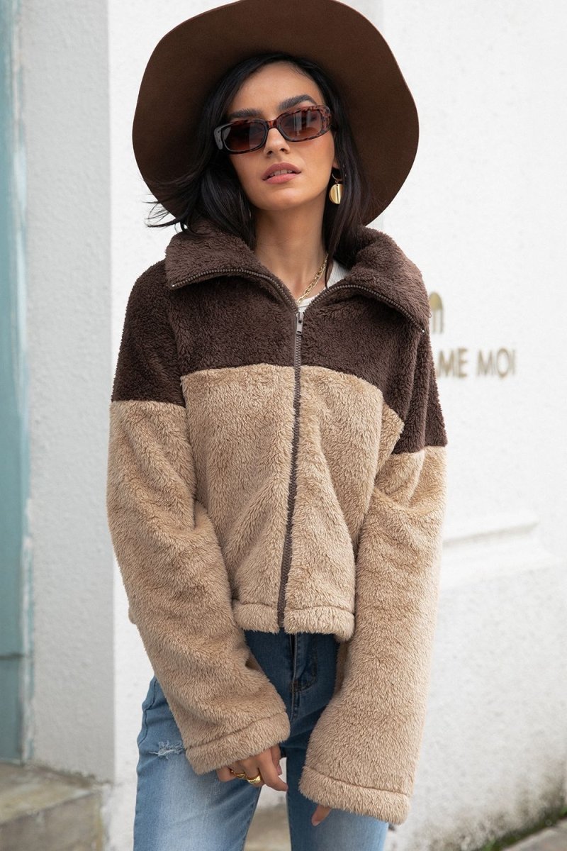 Two - Tone Collared Neck Fuzzy Jacket - Outerwear