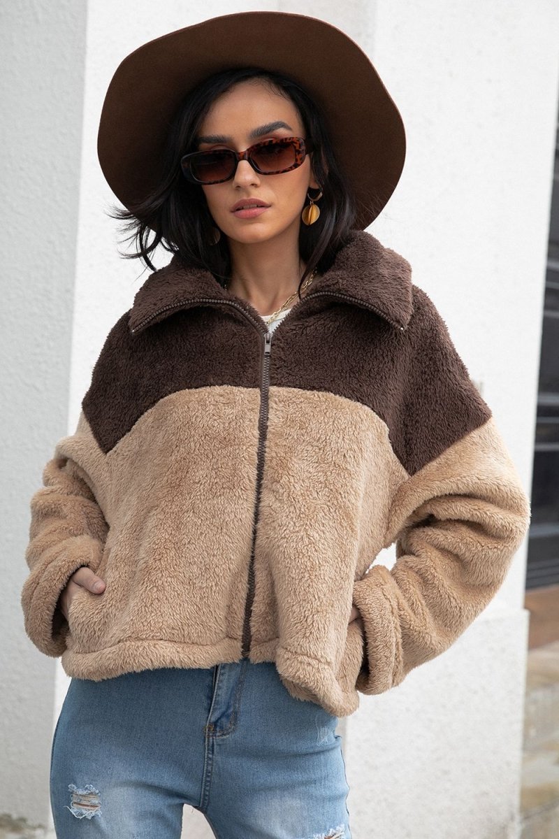 Two - Tone Collared Neck Fuzzy Jacket - Outerwear