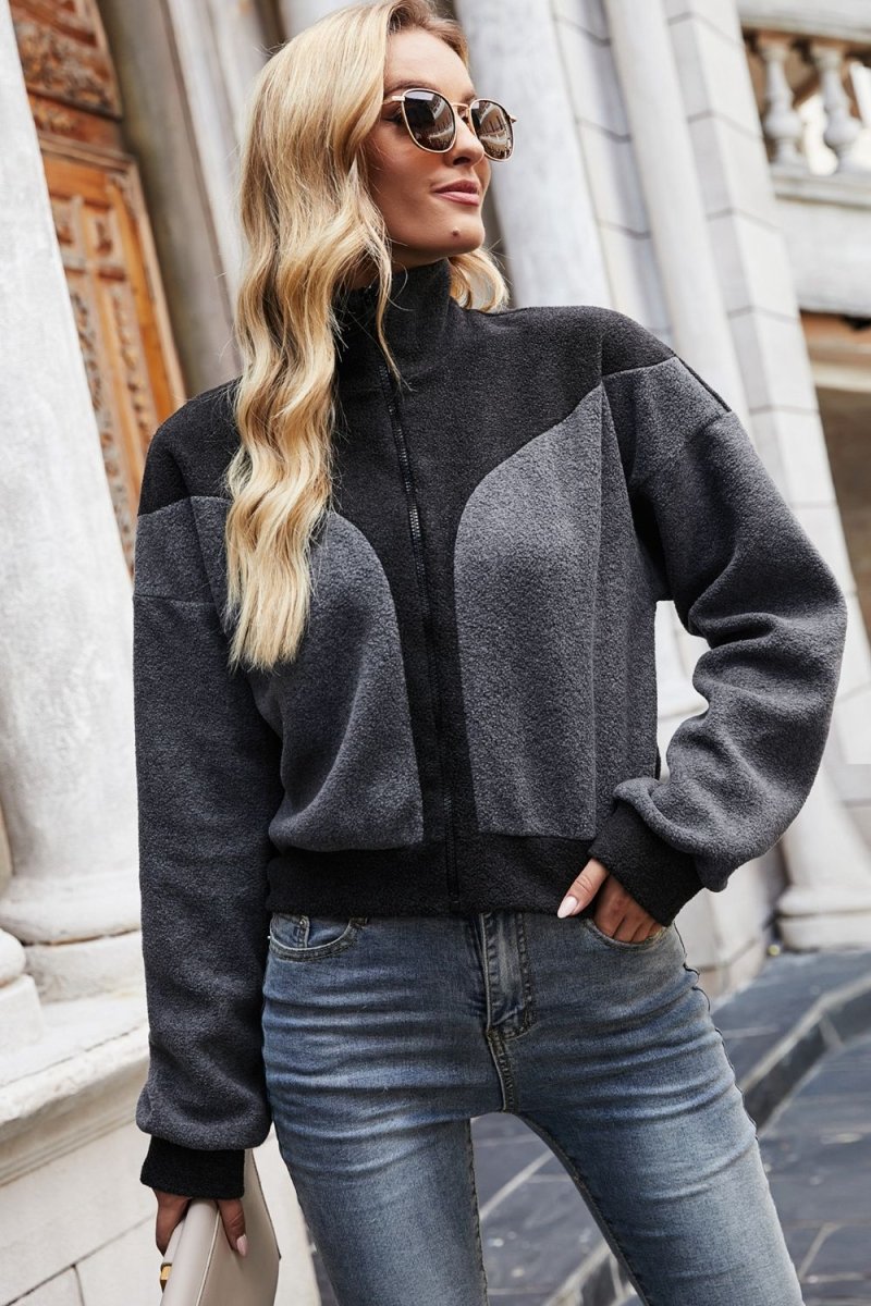 Two - Tone Collared Neck Jacket - Outerwear