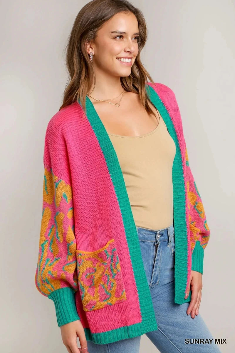 Umgee Animal Print Open Front Sweater Cardigan - 