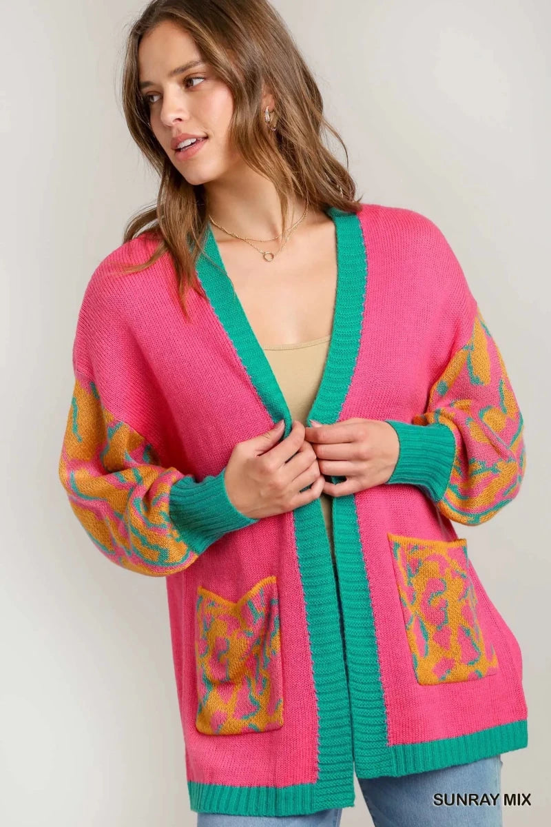 Umgee Animal Print Open Front Sweater Cardigan - 
