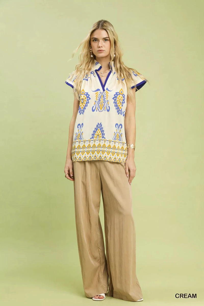 Umgee Border Print Split - Neck Boho Top - 