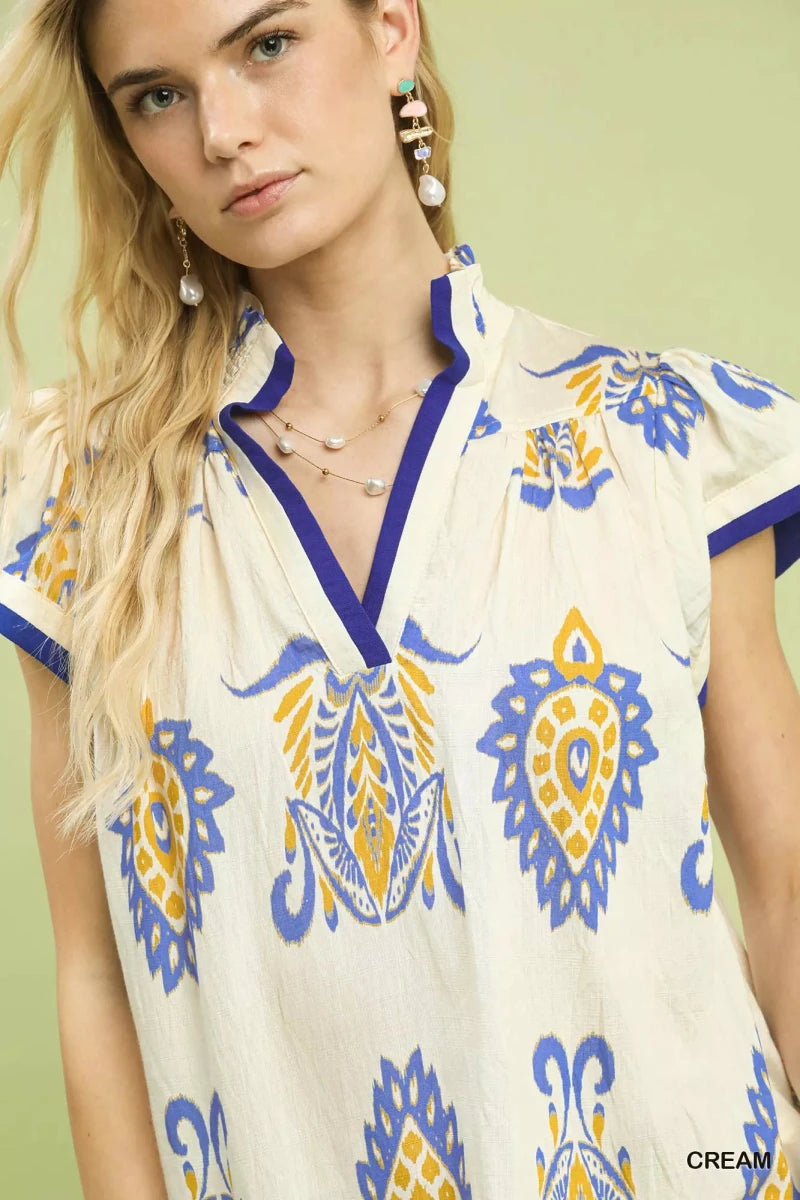 Umgee Border Print Split - Neck Boho Top - 