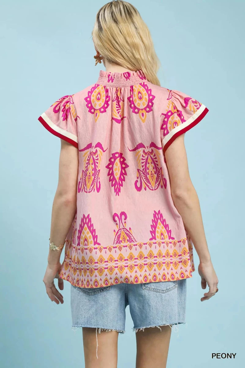 Umgee Border Print Split - Neck Boho Top - 