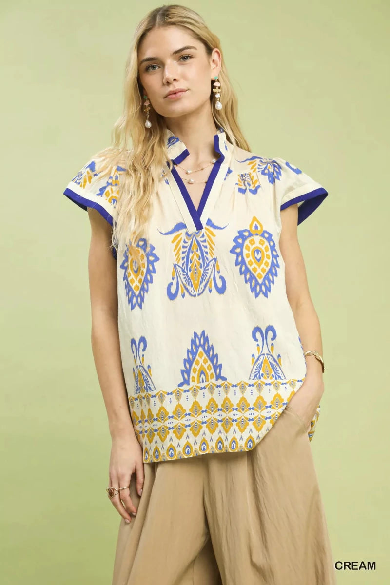 Umgee Border Print Split - Neck Boho Top - 