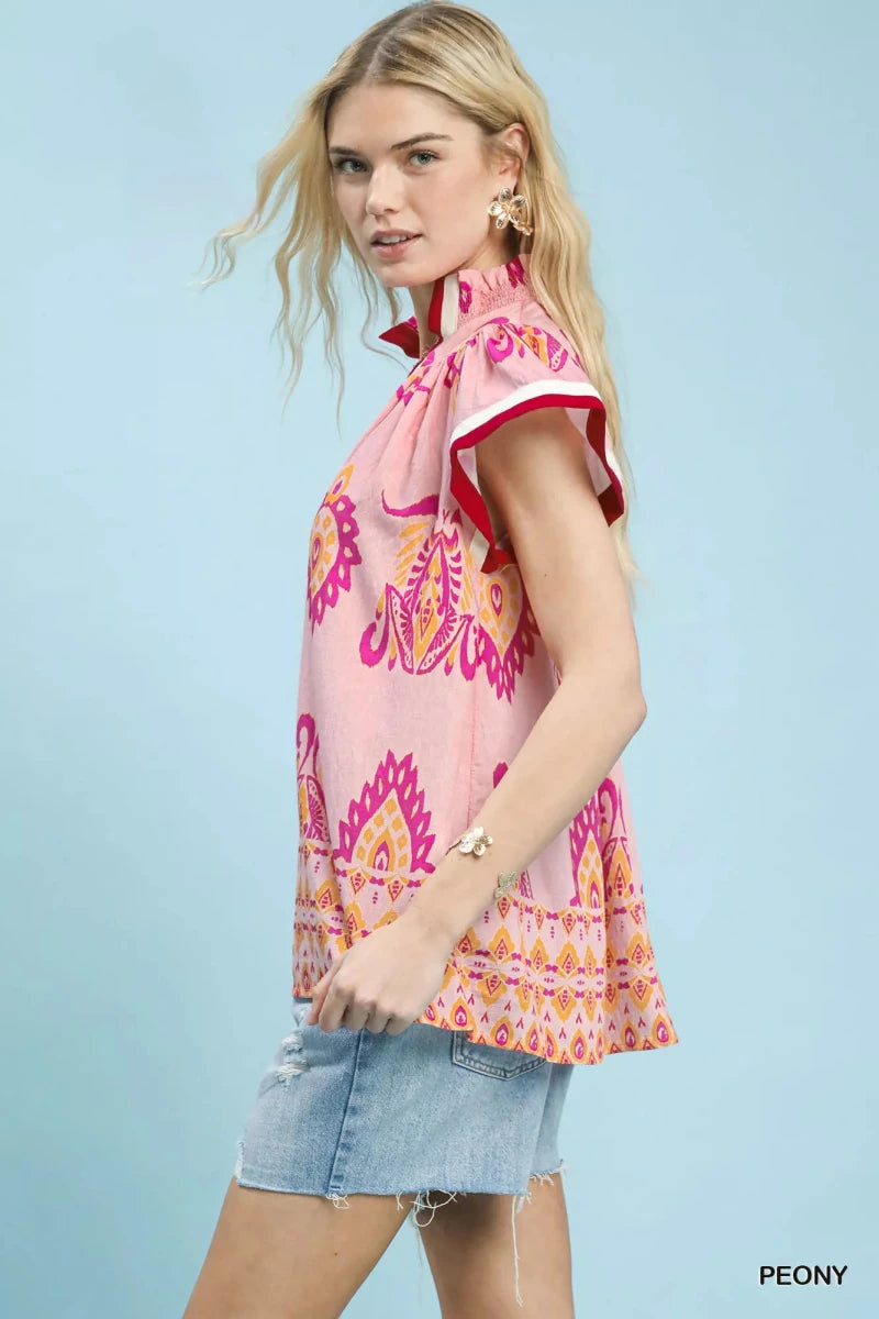 Umgee Border Print Split - Neck Boho Top - 