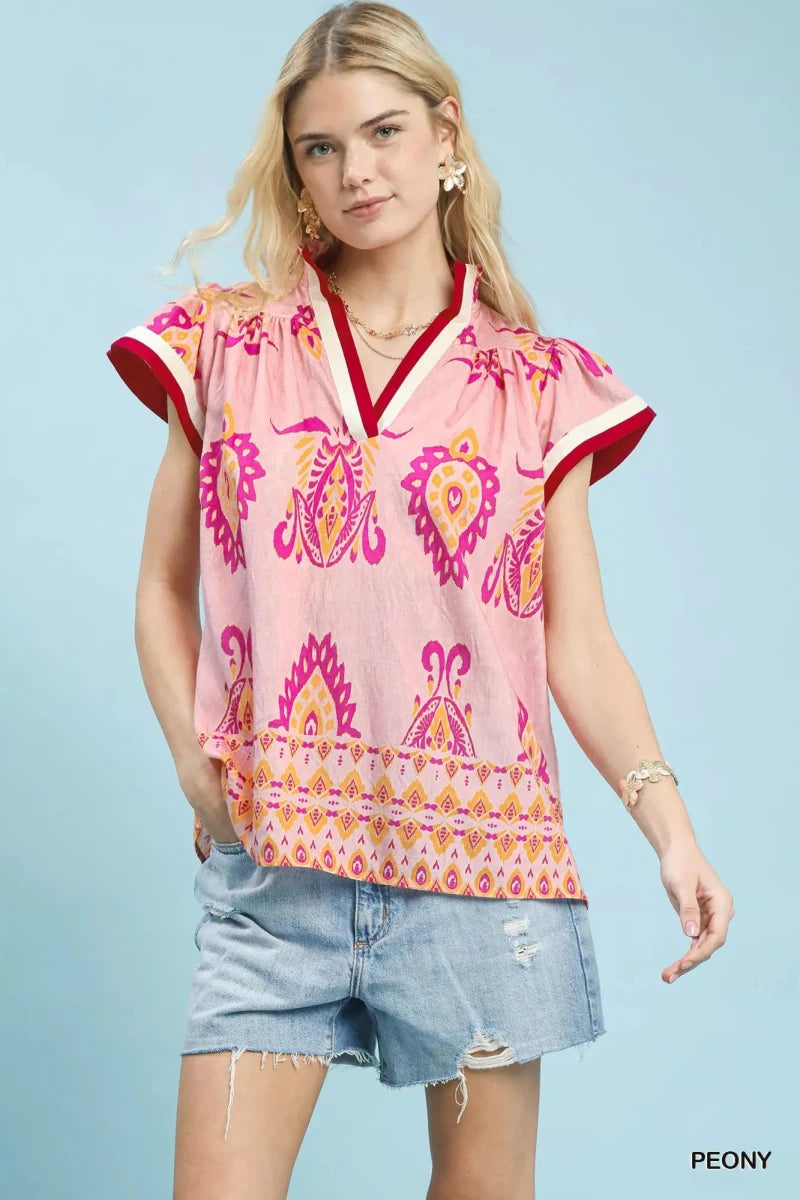 Umgee Border Print Split - Neck Boho Top - 