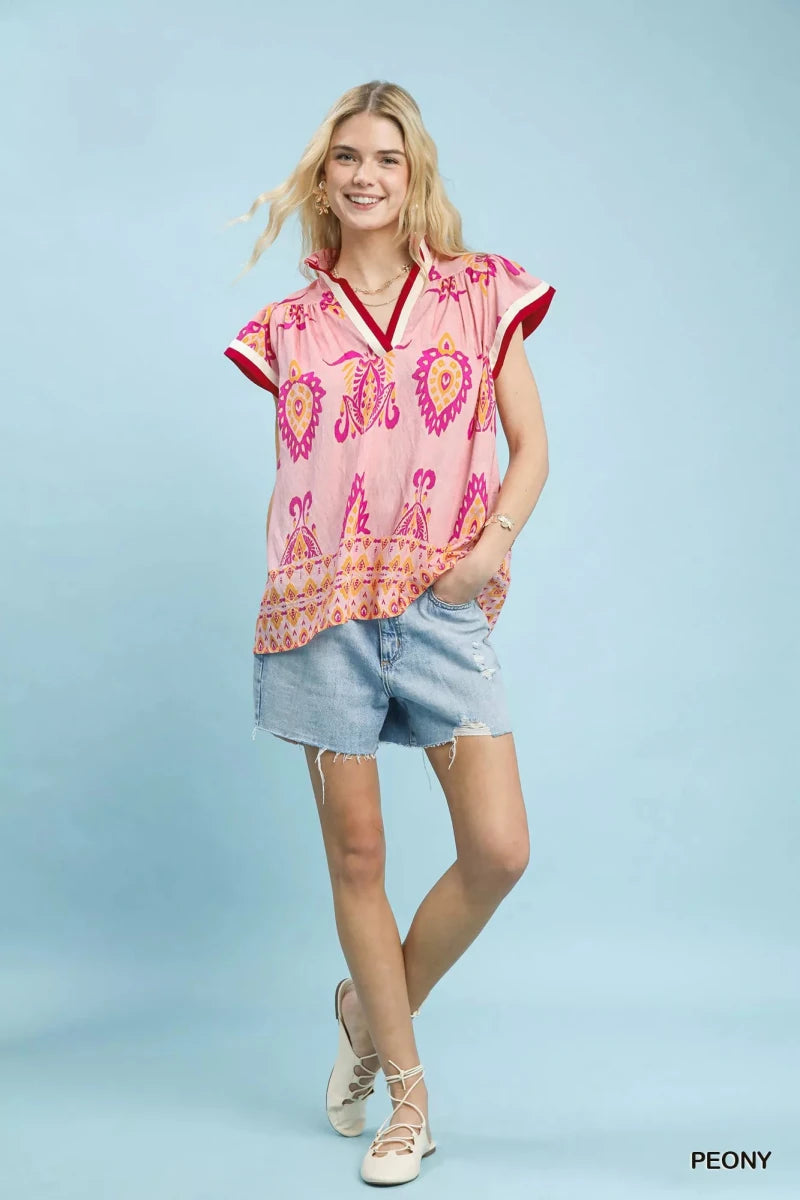 Umgee Border Print Split - Neck Boho Top - 