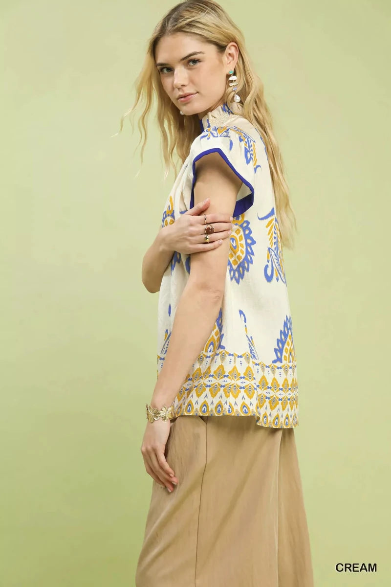 Umgee Border Print Split - Neck Boho Top - 