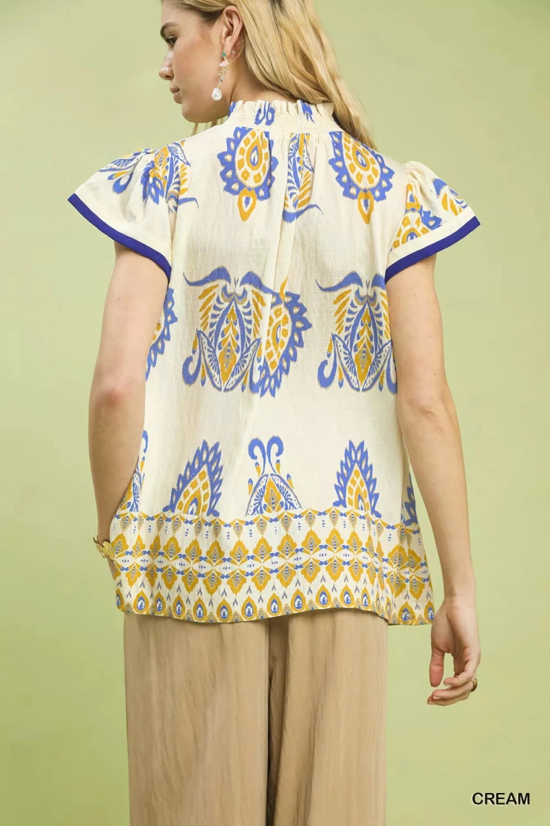 Umgee Border Print Split - Neck Boho Top - 