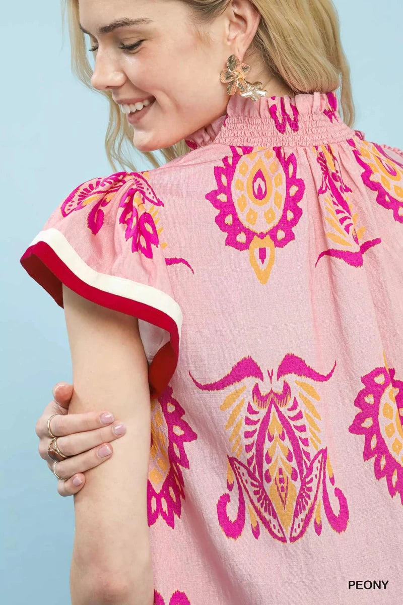 Umgee Border Print Split - Neck Boho Top - 