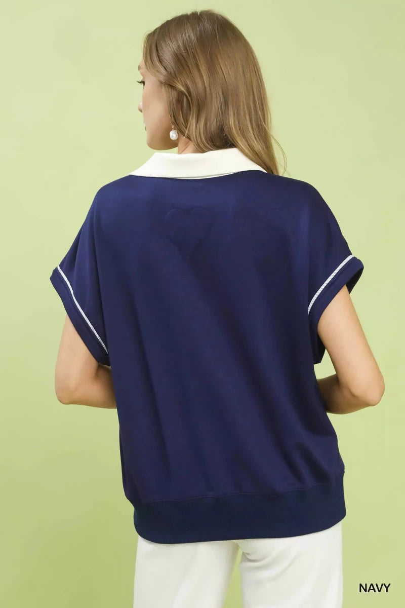 Umgee Contrast Collar Soft Knit Polo Top - 