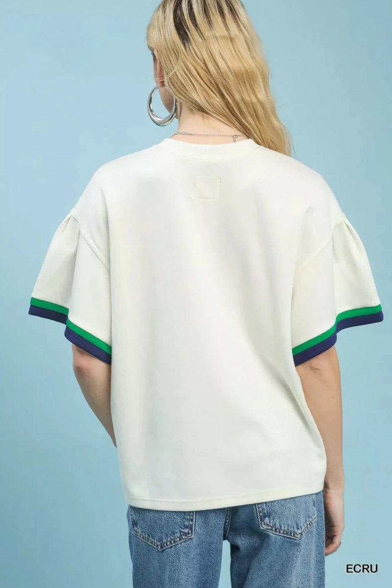Umgee Contrast Trim Bell Sleeve Top - 