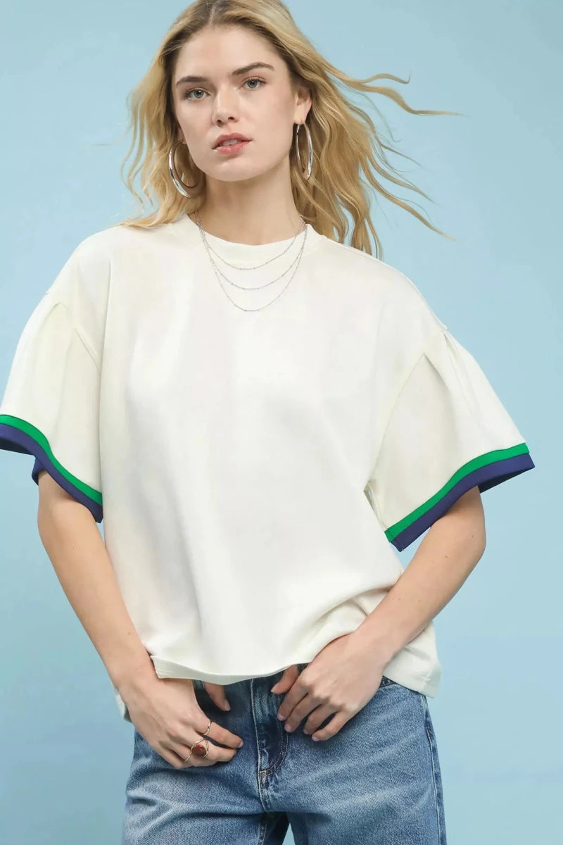Umgee Contrast Trim Bell Sleeve Top - 