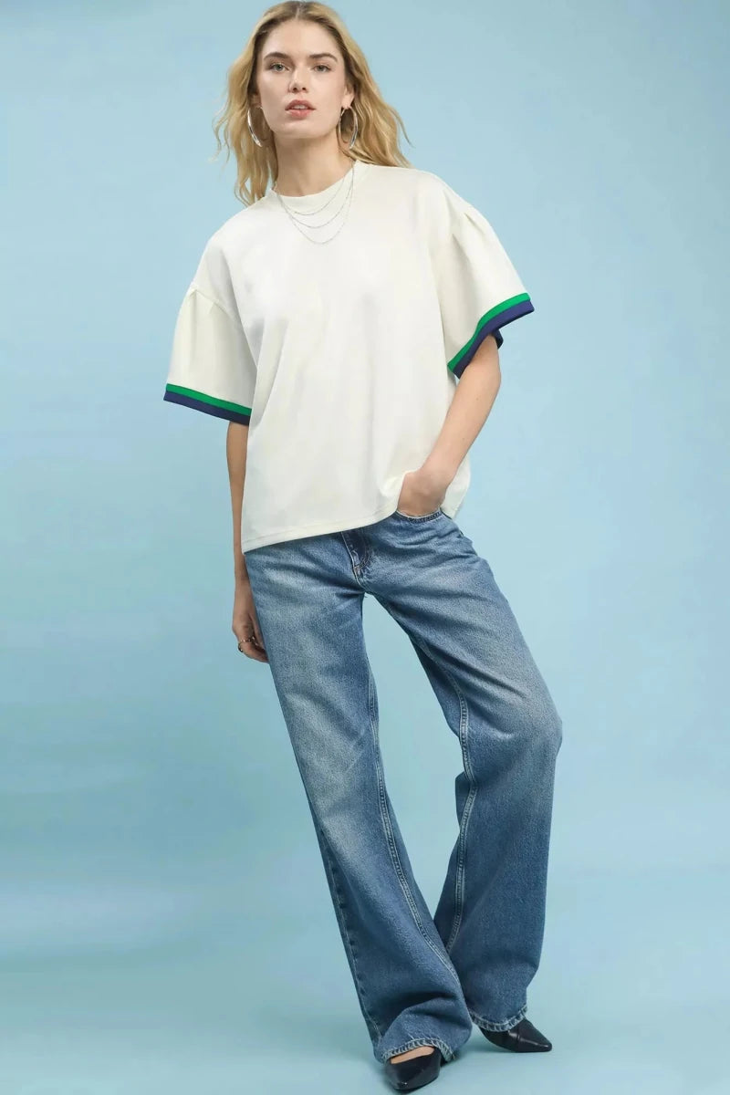 Umgee Contrast Trim Bell Sleeve Top - 
