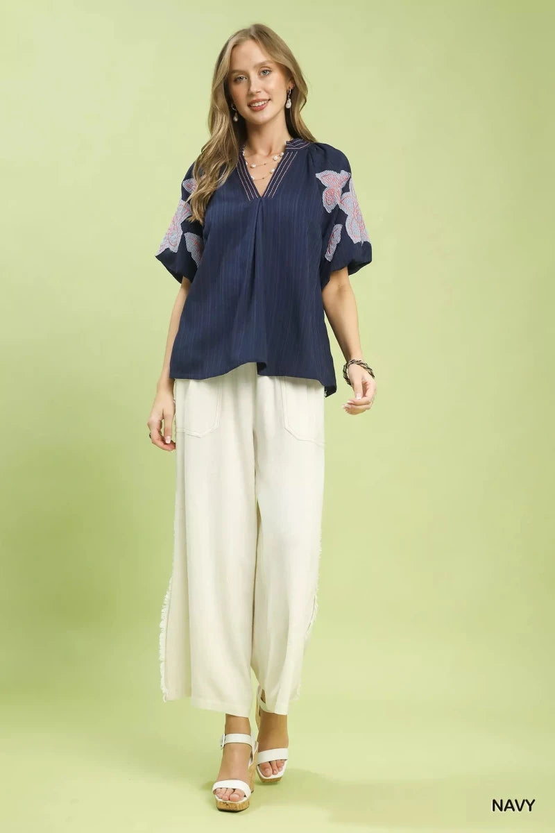 Umgee Embroidered Balloon Sleeve Notch Neck Blouse - 