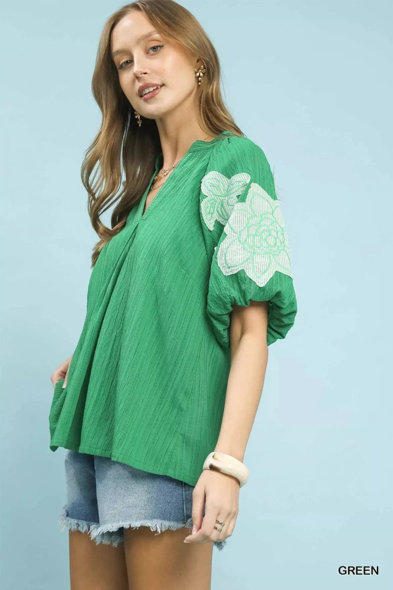 Umgee Embroidered Balloon Sleeve Notch Neck Blouse - 