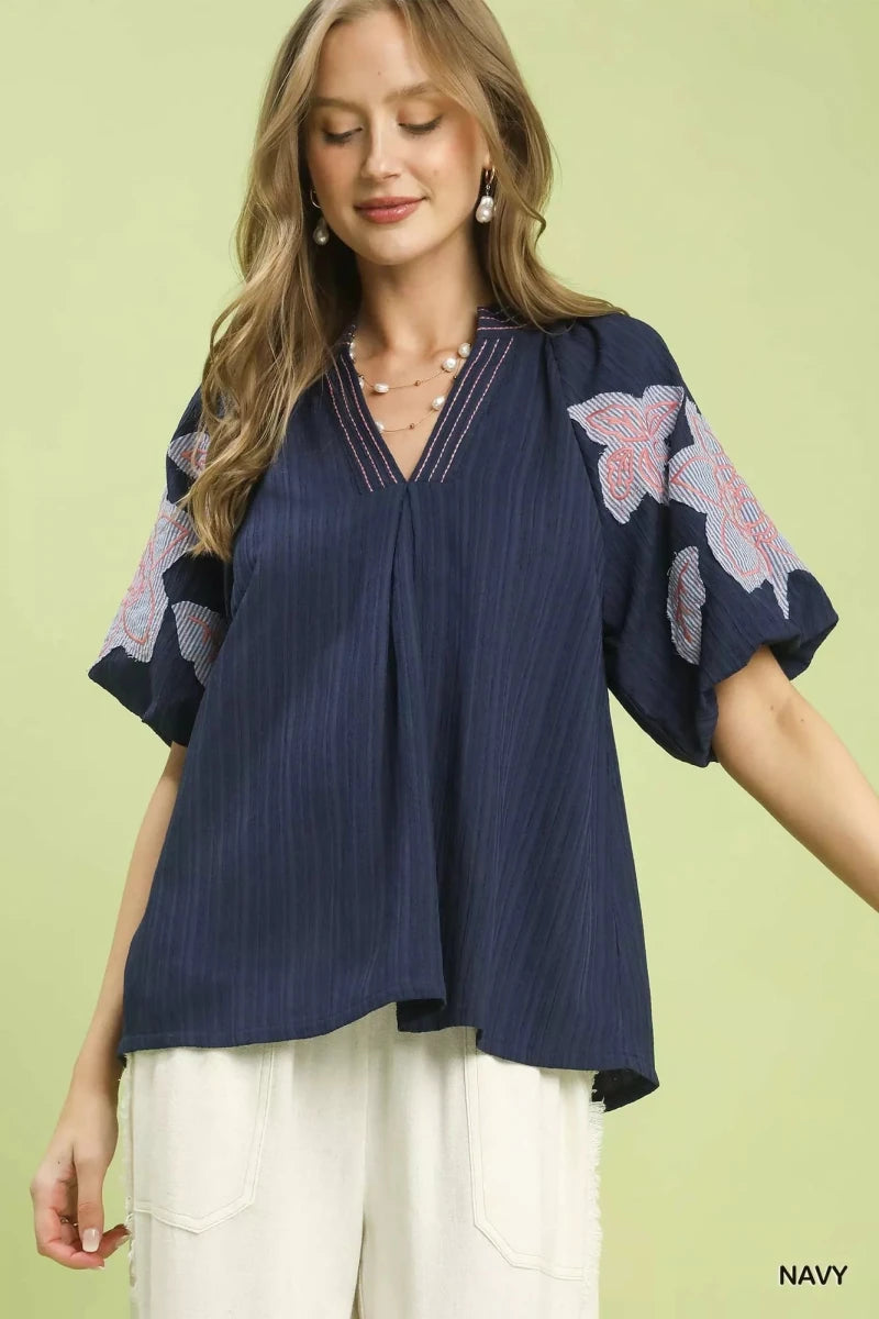 Umgee Embroidered Balloon Sleeve Notch Neck Blouse - 