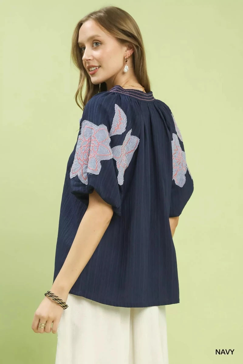 Umgee Embroidered Balloon Sleeve Notch Neck Blouse - 