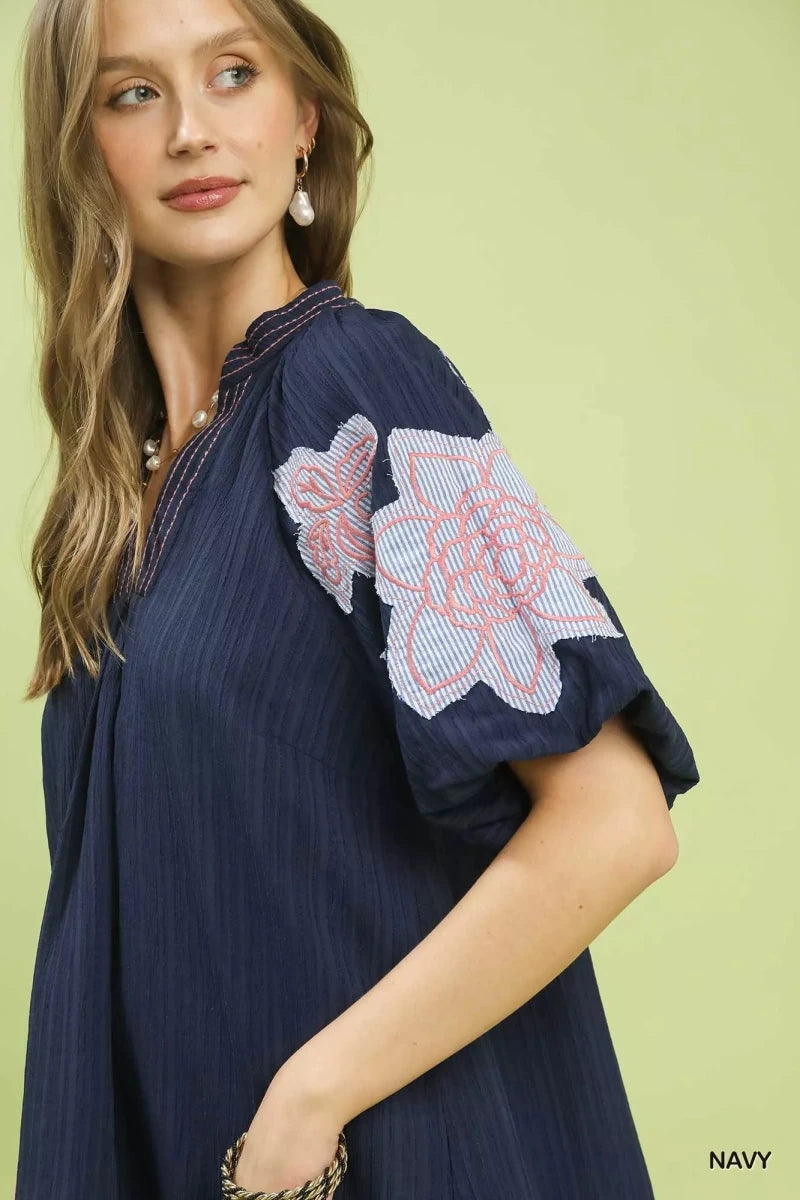 Umgee Embroidered Balloon Sleeve Notch Neck Blouse - 
