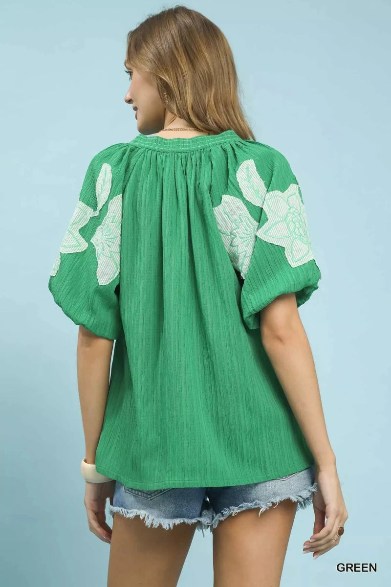 Umgee Embroidered Balloon Sleeve Notch Neck Blouse - 