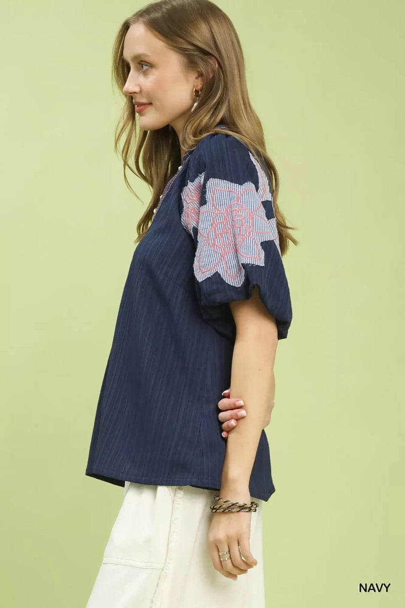 Umgee Embroidered Balloon Sleeve Notch Neck Blouse - 