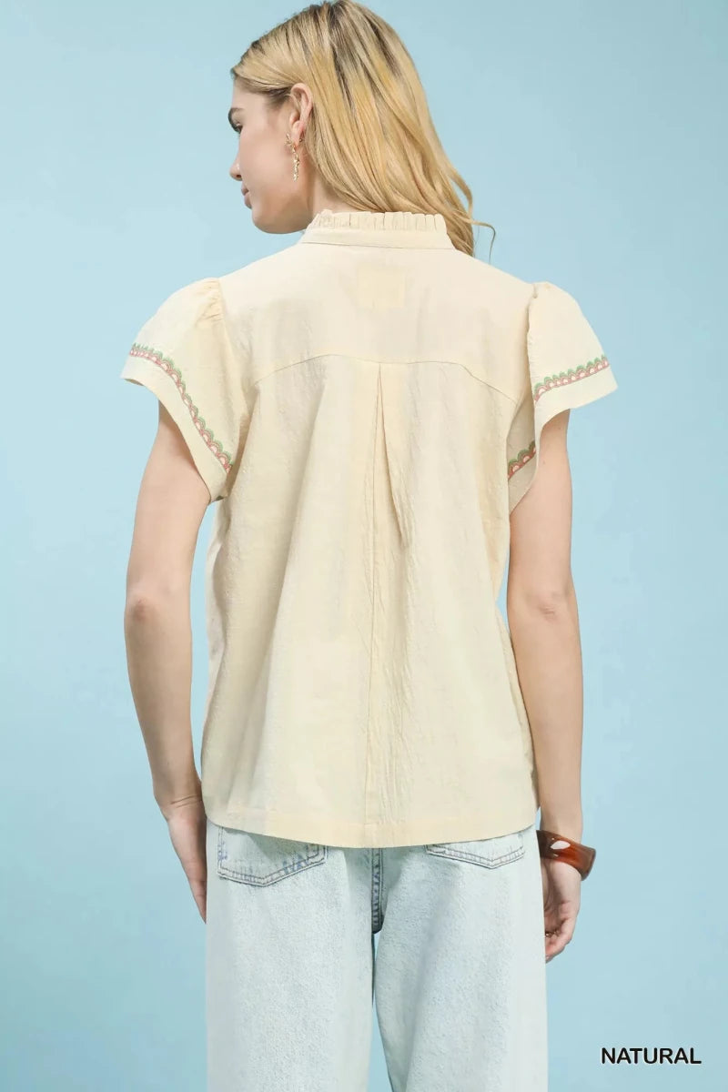 Umgee Embroidered Flutter Sleeve Blouse - 