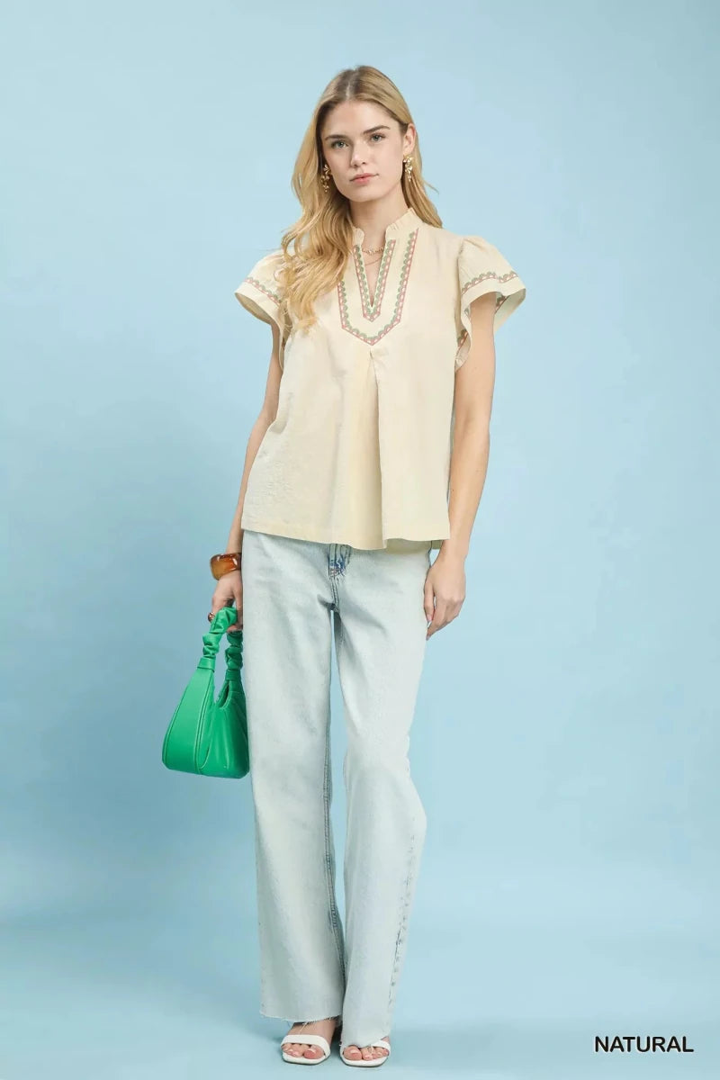 Umgee Embroidered Flutter Sleeve Blouse - 