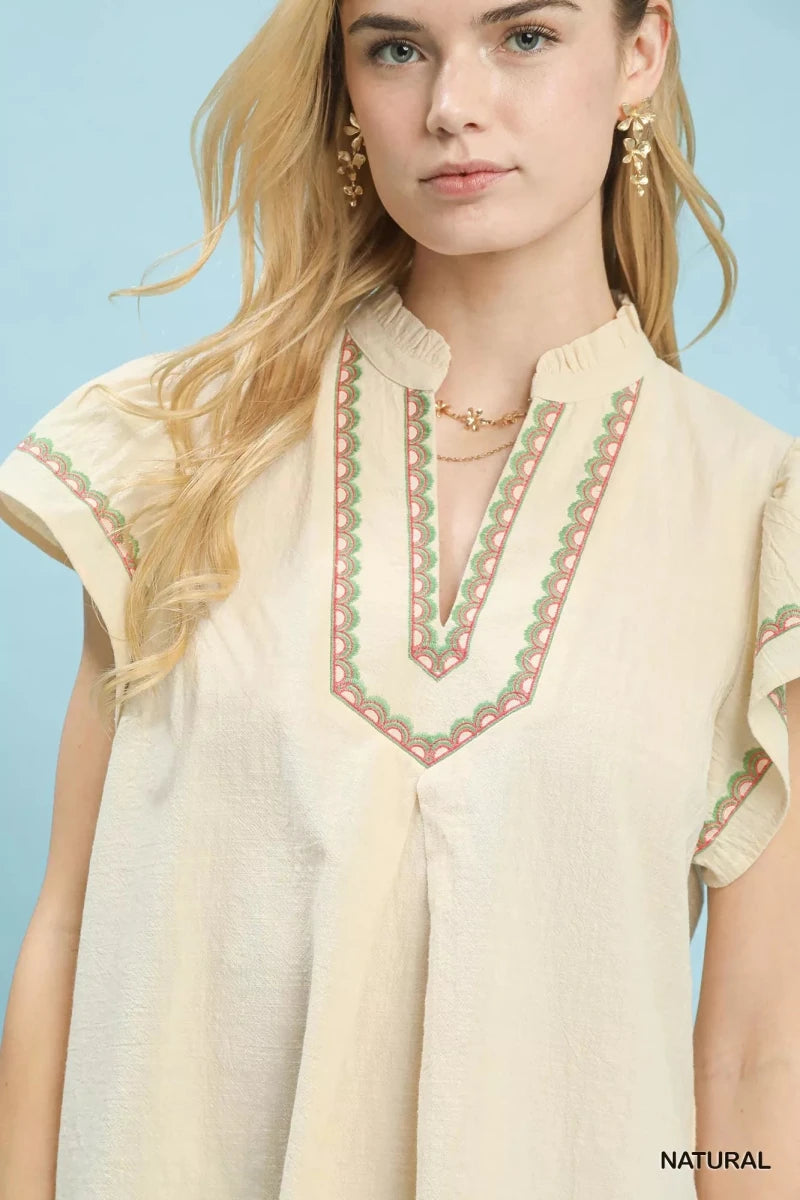 Umgee Embroidered Flutter Sleeve Blouse - 