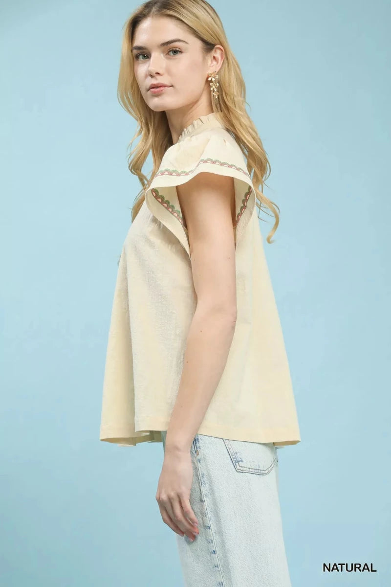 Umgee Embroidered Flutter Sleeve Blouse - 