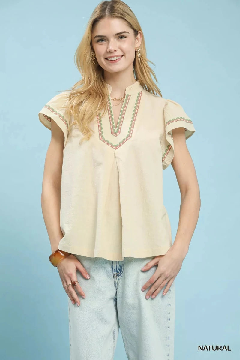 Umgee Embroidered Flutter Sleeve Blouse - 
