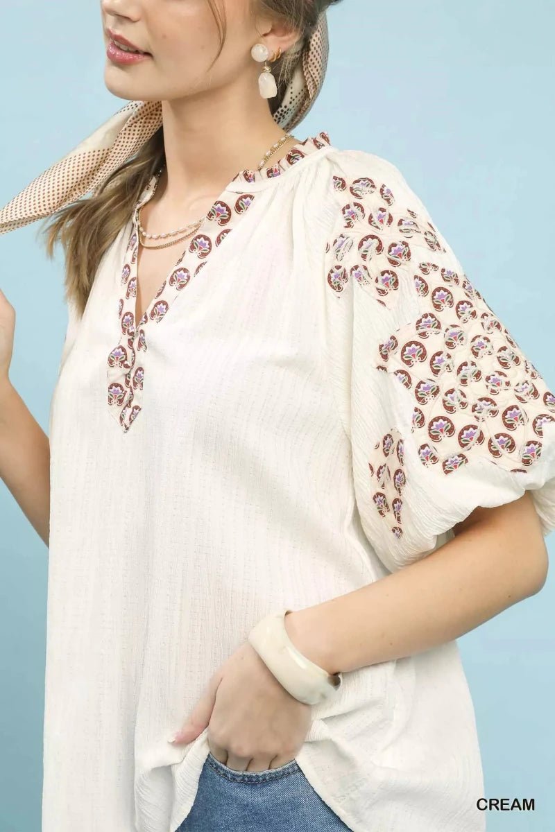 Umgee Embroidered Sleeve Contrast Trim Top - 