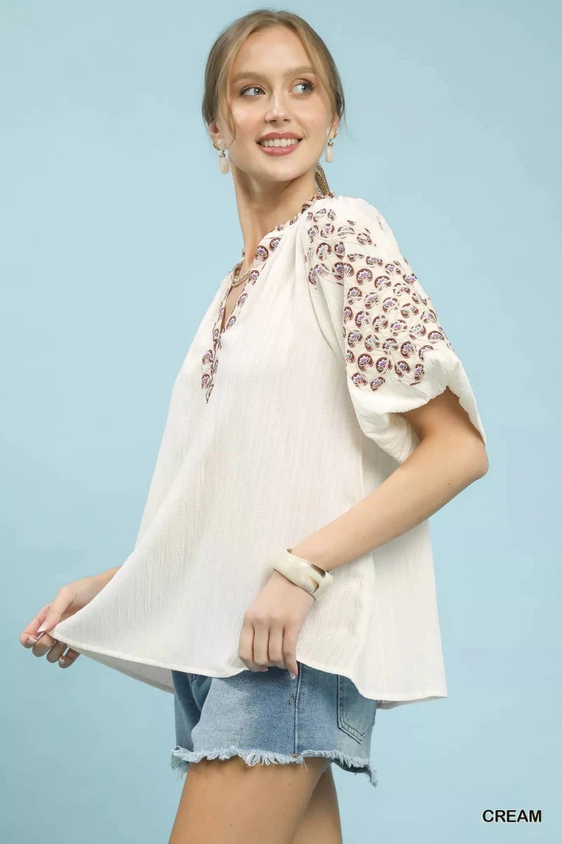Umgee Embroidered Sleeve Contrast Trim Top - 