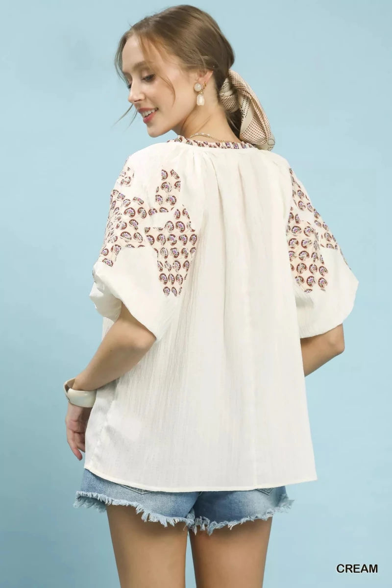 Umgee Embroidered Sleeve Contrast Trim Top - 
