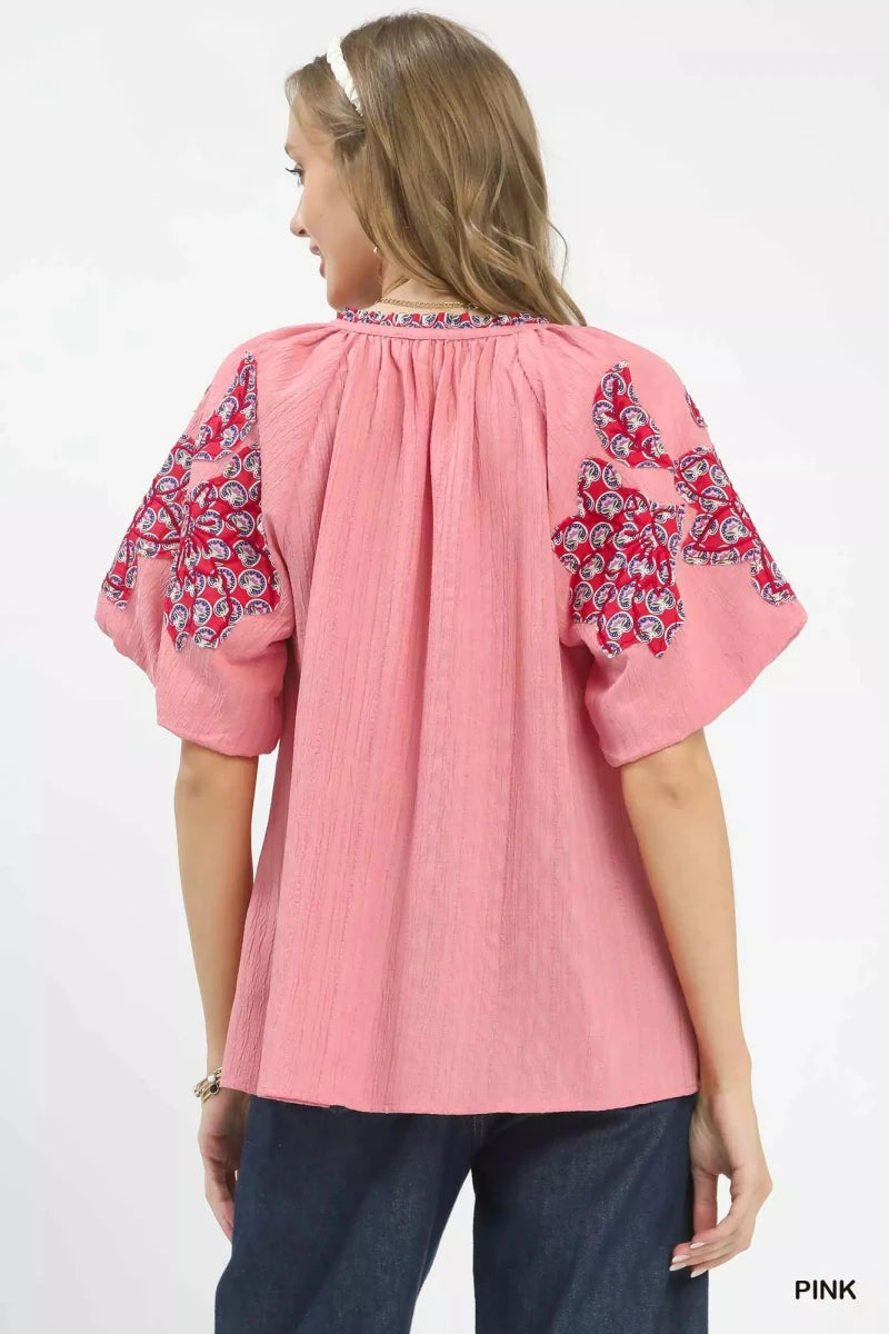 Umgee Embroidered Sleeve Contrast Trim Top - 