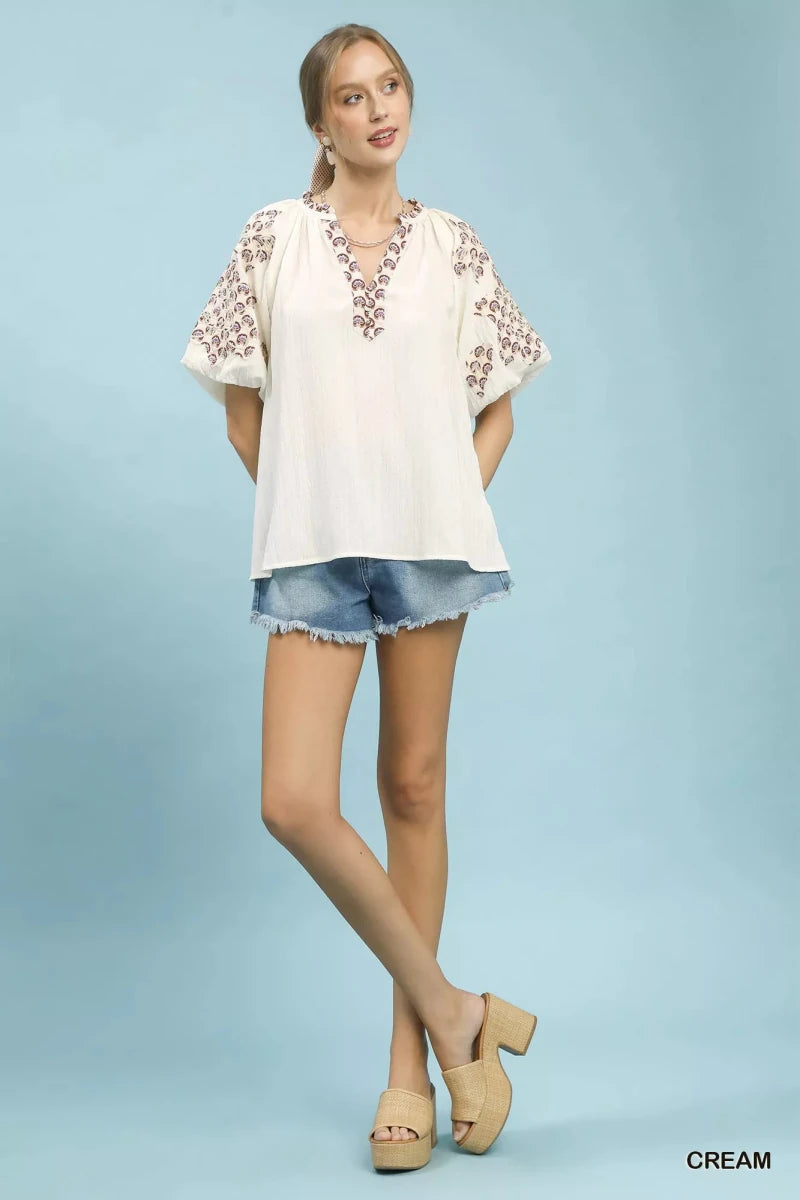 Umgee Embroidered Sleeve Contrast Trim Top - 
