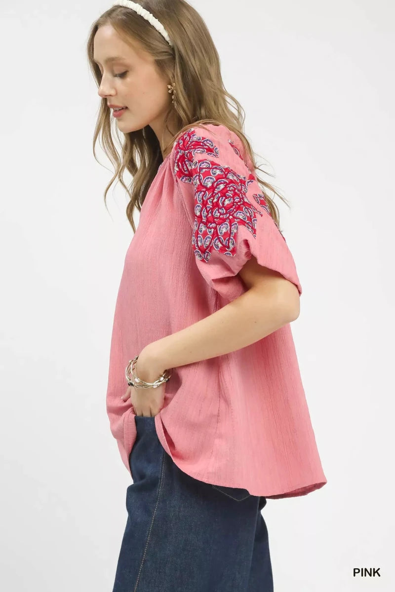 Umgee Embroidered Sleeve Contrast Trim Top - 