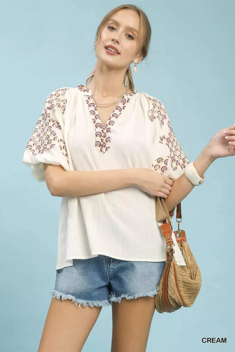 Umgee Embroidered Sleeve Contrast Trim Top - 