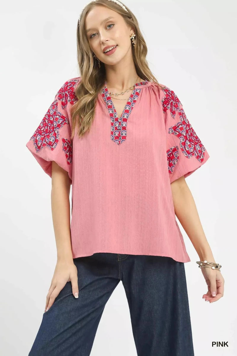 Umgee Embroidered Sleeve Contrast Trim Top - 