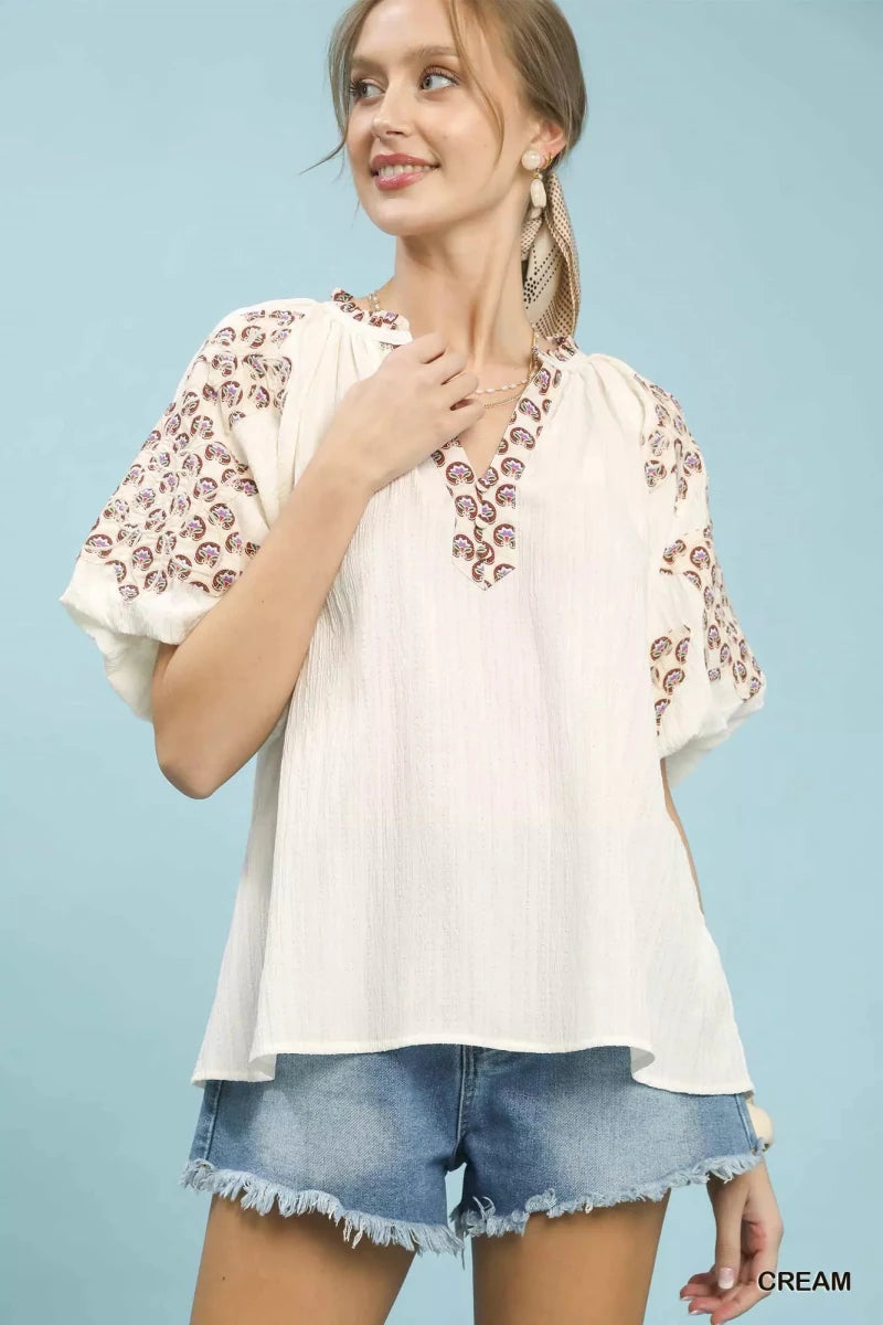 Umgee Embroidered Sleeve Contrast Trim Top - 