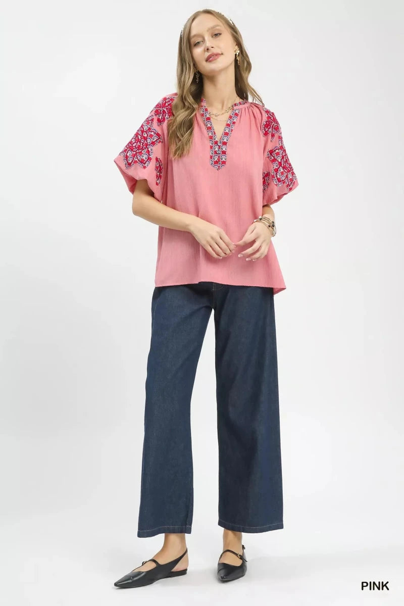 Umgee Embroidered Sleeve Contrast Trim Top - 