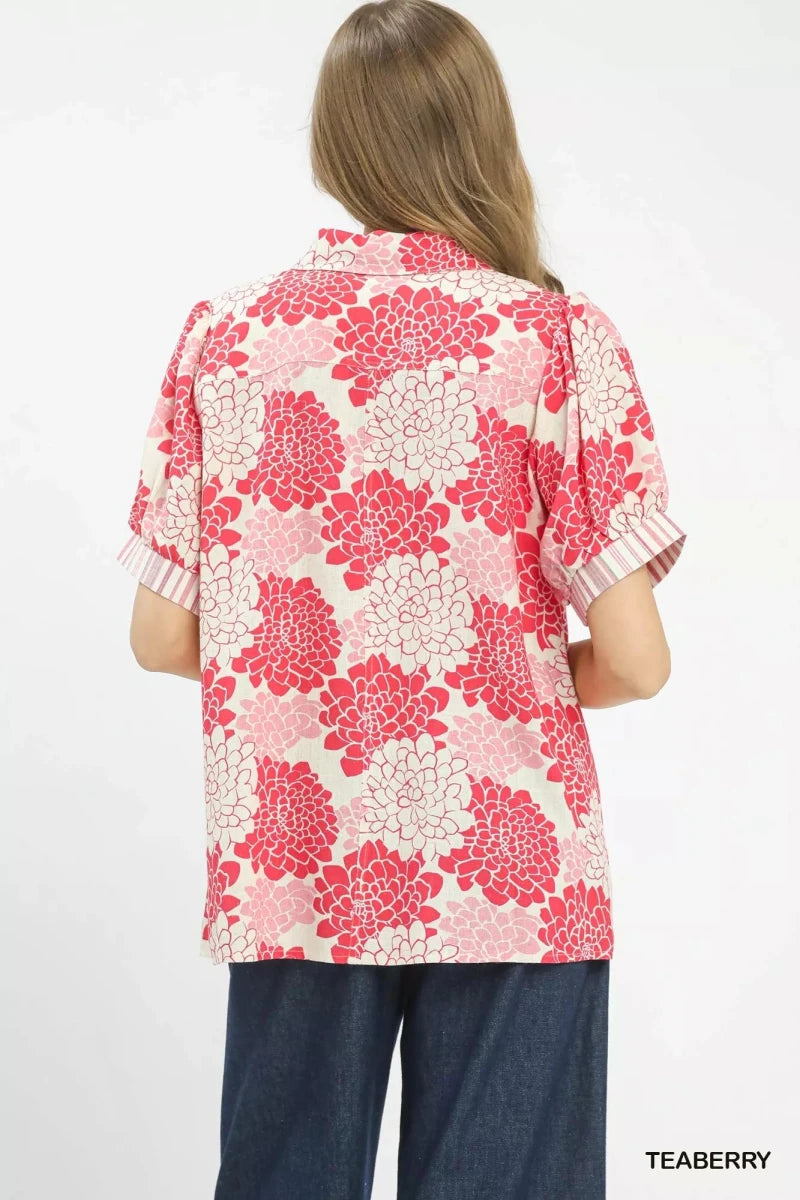 Umgee Floral Collared Short Sleeve Blouse - 