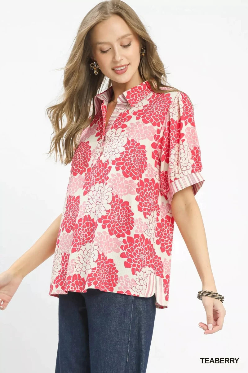 Umgee Floral Collared Short Sleeve Blouse - 