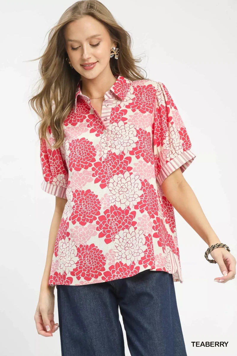 Umgee Floral Collared Short Sleeve Blouse - 